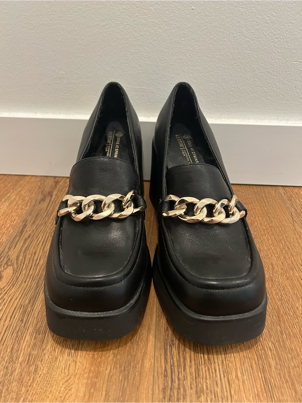 Call It Spring Black Platform Loafers with Gold Chain